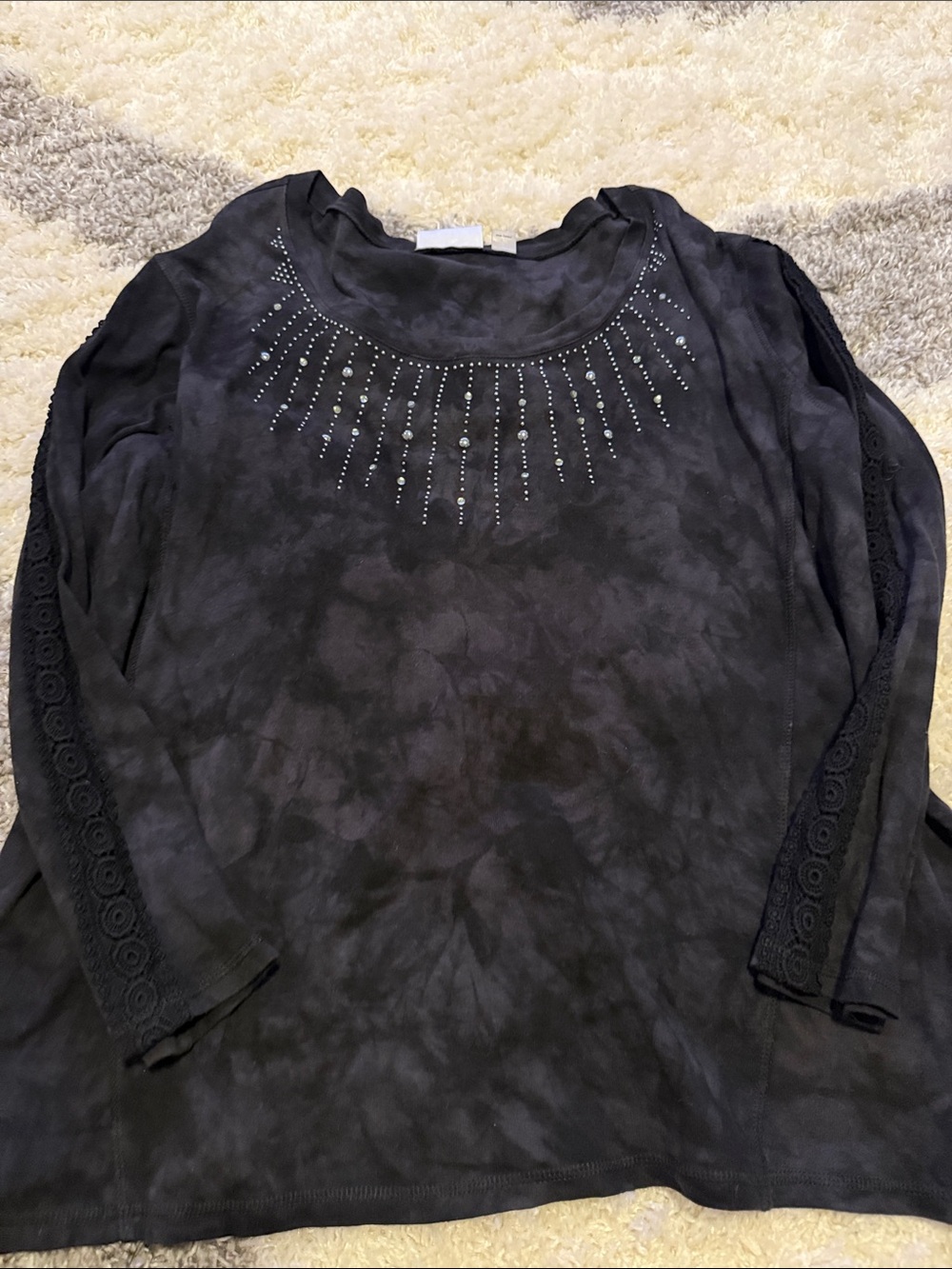Avenue Black Rhinestone Detail Long-Sleeve Top